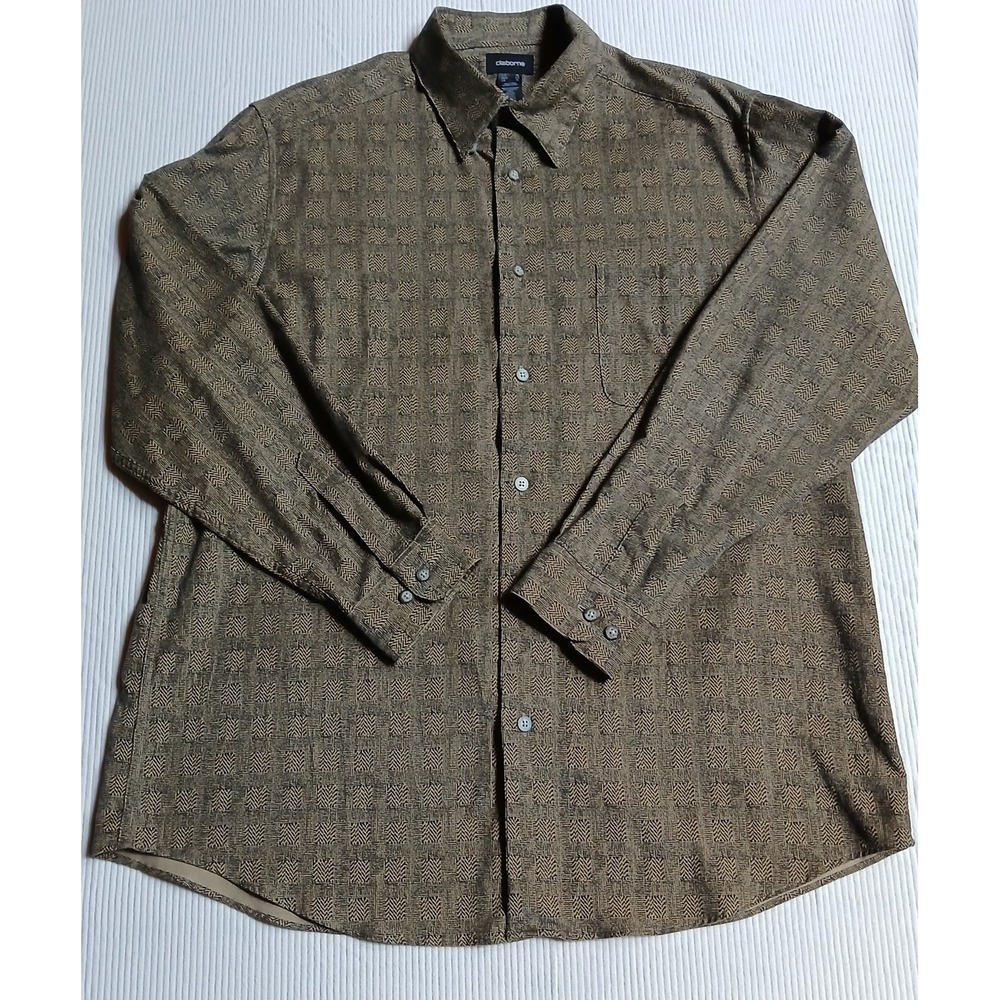 Claiborne Mens XL Long Sleeve Button Down Shirt Herringbone Brown Cotton NWOT